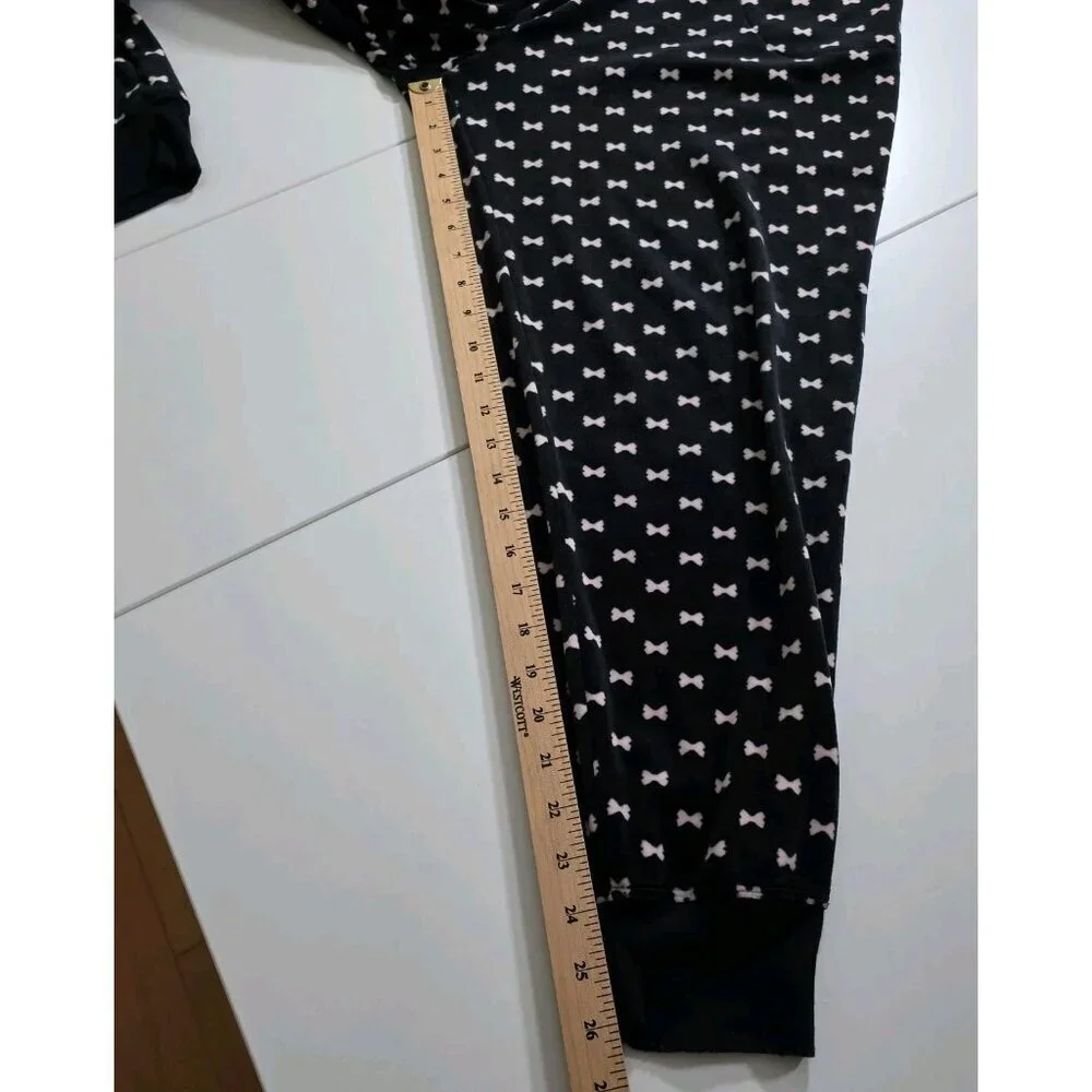 Kate Spade Pajama Set Womens L Black Pink Bow Tie Pattern Pockets Fleece Boho